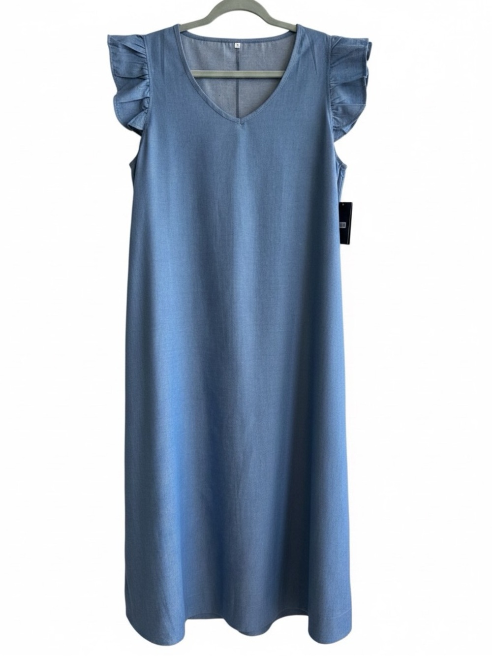 Chambray Ruffle Sleeve V-Neck Midi Dress - Blue